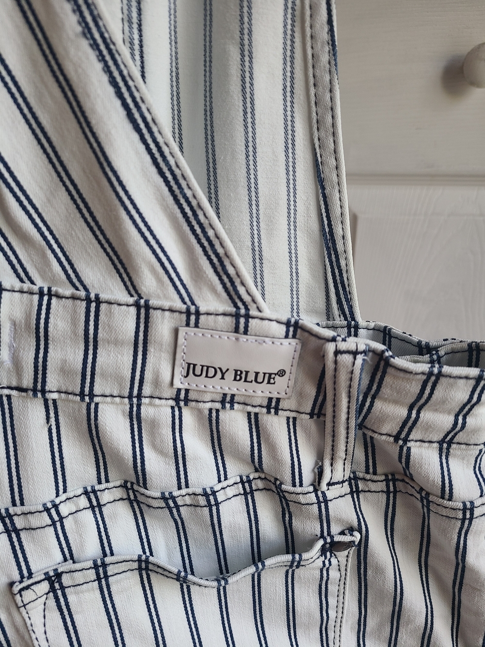 Judy Blue Striped Cotton Jumpsuit Overalls - White with Navy Pinstripes L - Picture 2 of 9